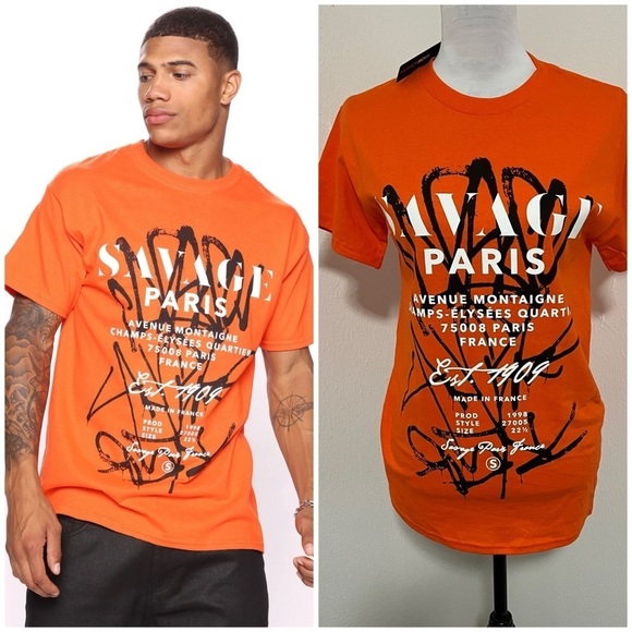 Fashion Nova Men’s Small “Savage Paris” Short Sleeve Orange T-Shirt NWT Casual - Picture 1 of 6